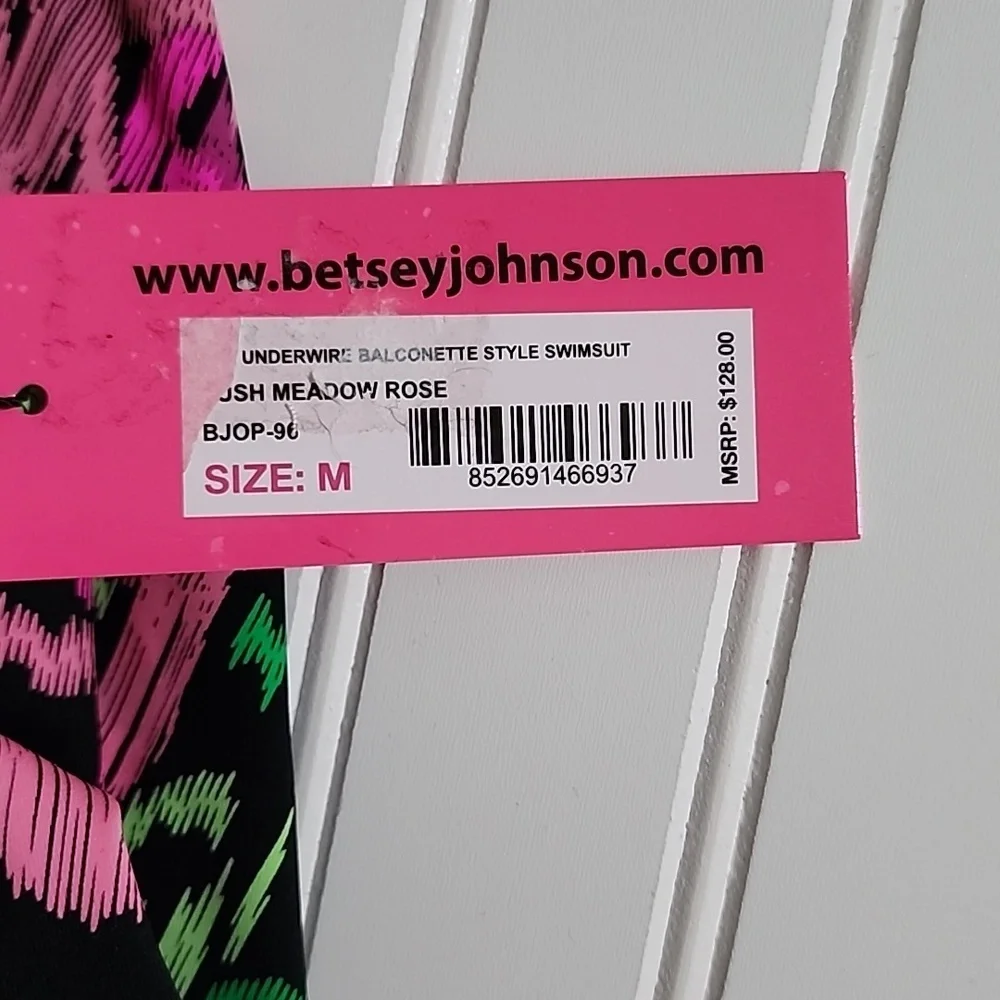 Betsey Johnson Swimsuit Balconette Style Roses Black Pink 1-Pc Size Medium NWT